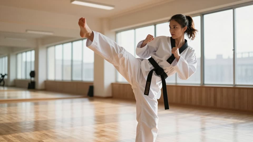 An adult taekwondo student throwing a high front kick in a bright training hall.